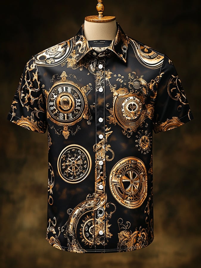 Camisa casual vintage floral Skull estampado de manga corta para hombre