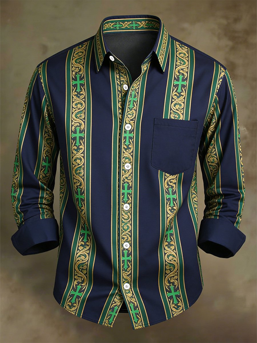 Camisa retro ejecutivo casual Baroque Faith a rayas de manga larga para hombre