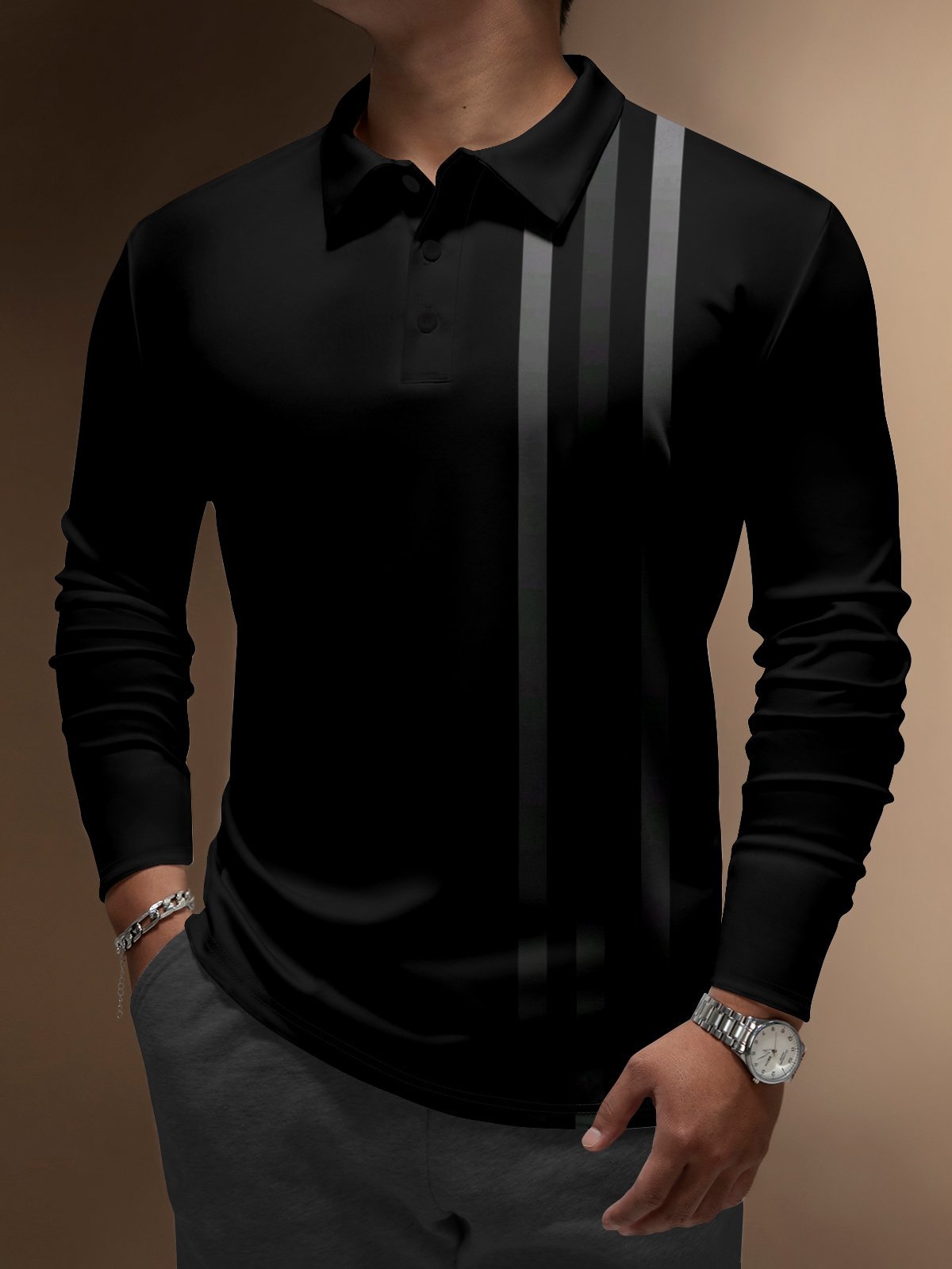 Camisa polo ejecutivo casual a rayas de manga larga para hombre
