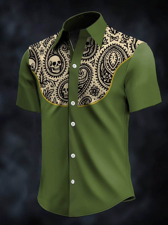 Camisa retro Western Contrast estampado de manga corta casual para hombre