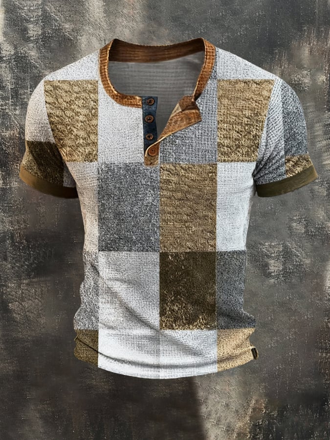 Camiseta vintage-Style Color-Block de manga corta With Henley cuello para hombre