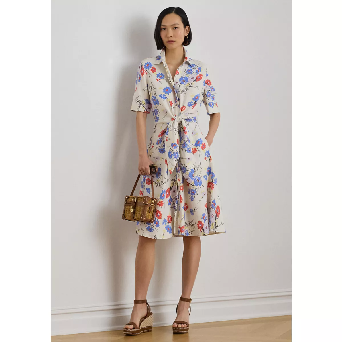 Petite Floral Tie-Front Linen Shirtdress - 1