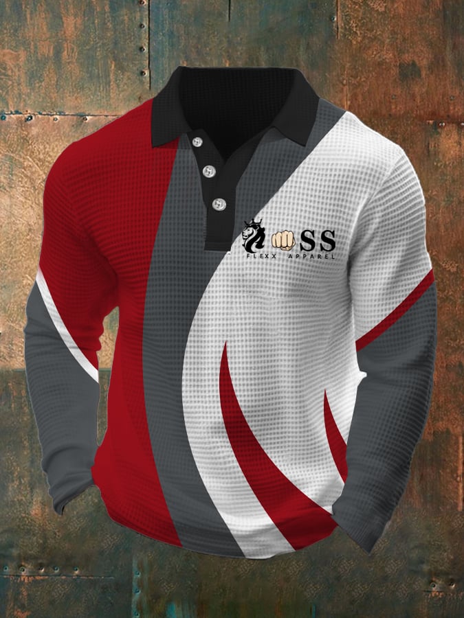 Camisa polo retro Letter Design Waffle Fabric de manga larga para hombre