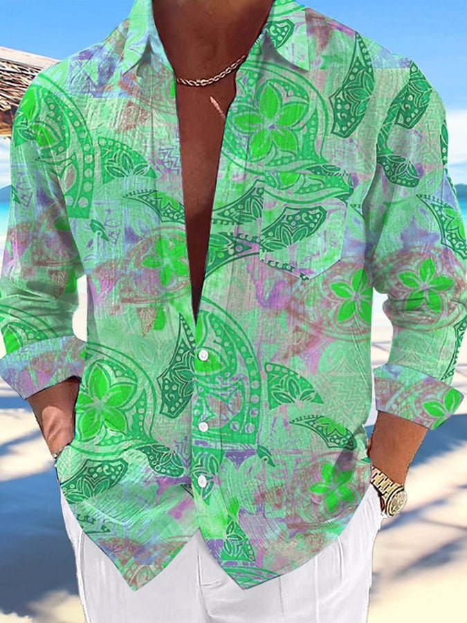 Camisa casual Hawaiian Turtle estampado Lapel para hombre
