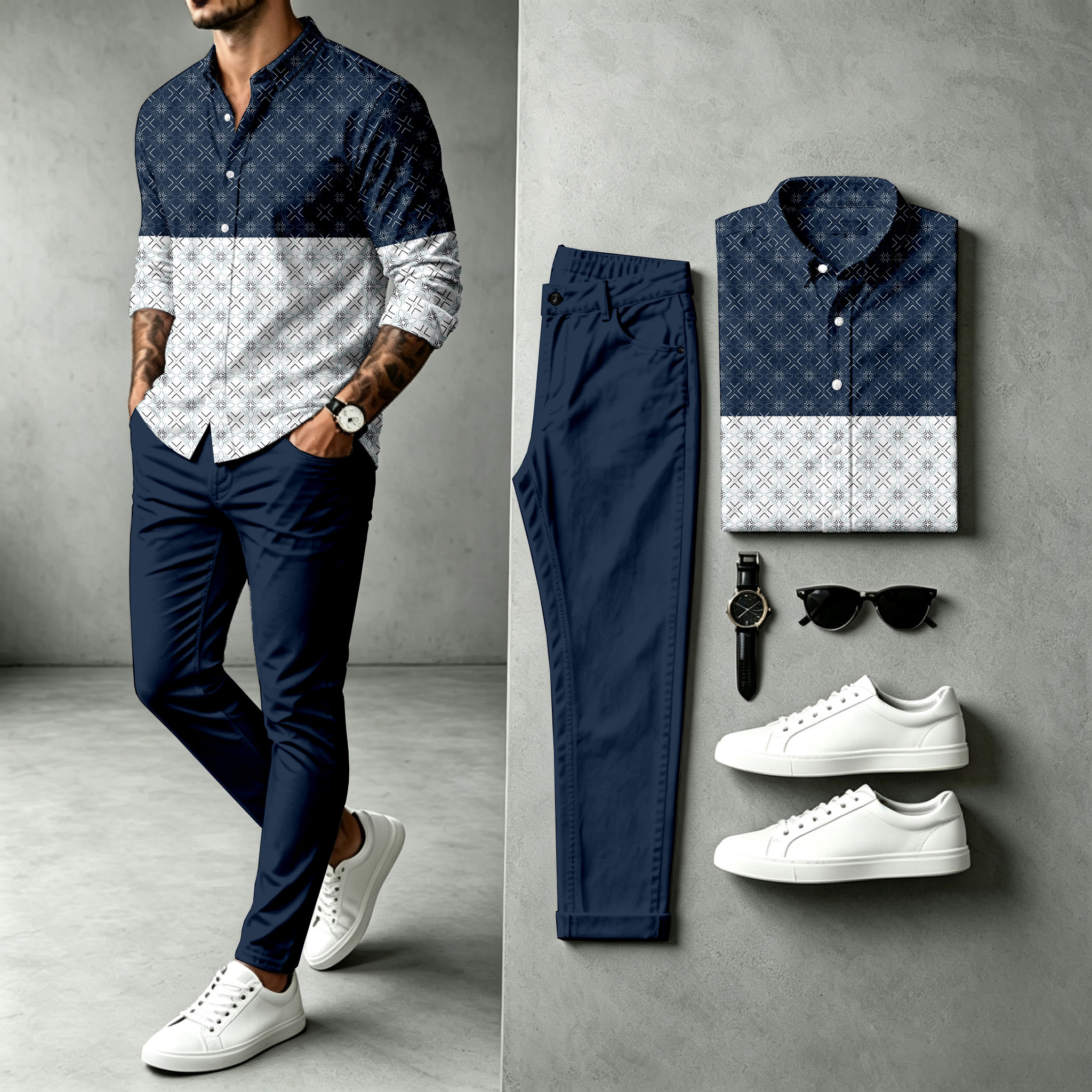 Camisa Two-Tone de manga larga and pantalón Set para hombre
