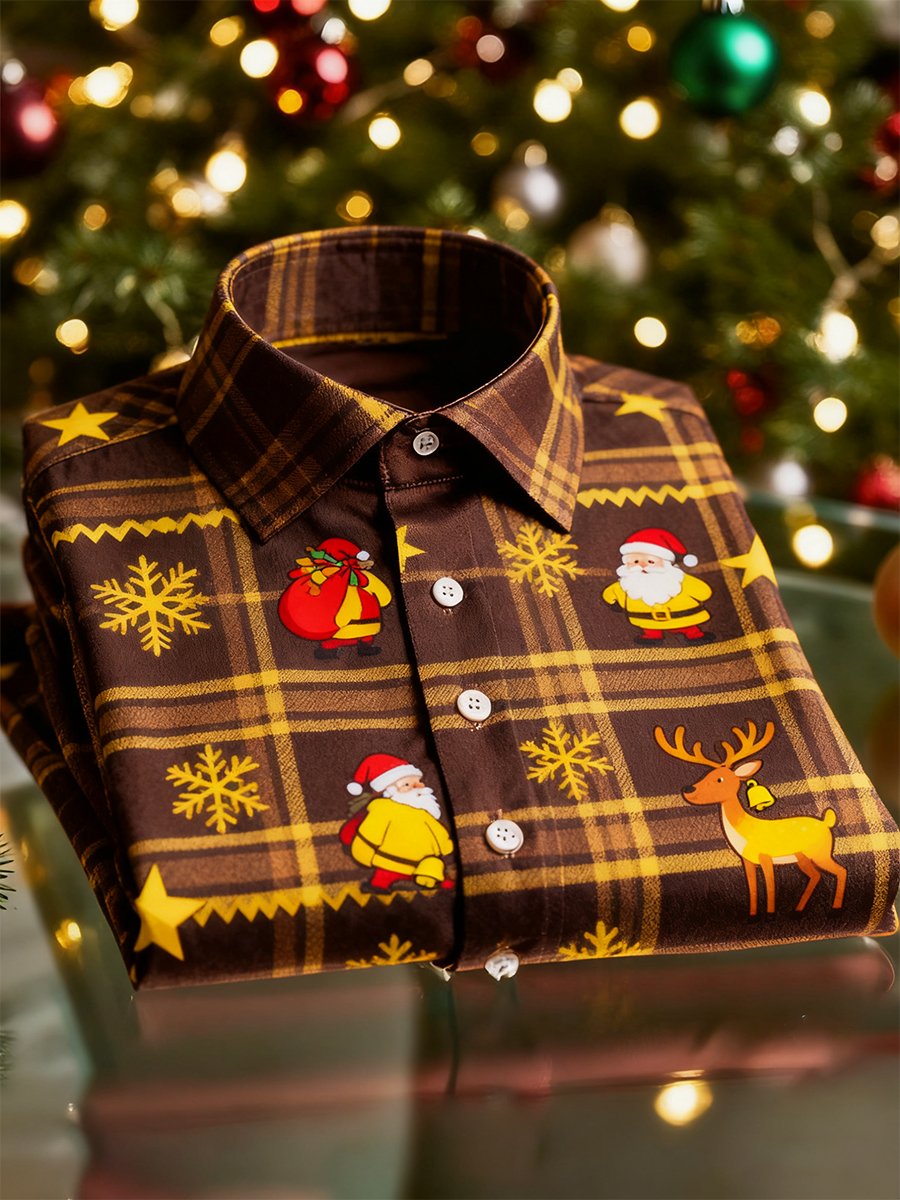 Camisa Christmas de manga larga con botones para hombre