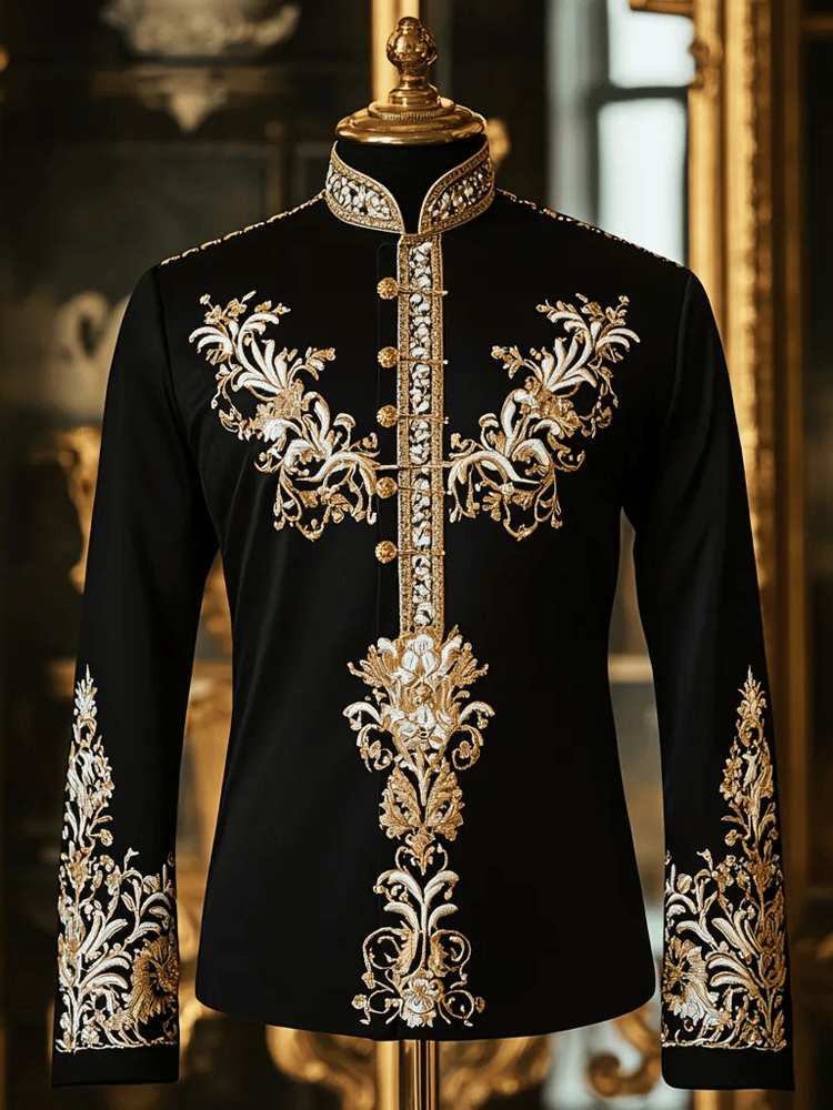 Camisa vintage de lujo Stand cuello de manga larga para hombre