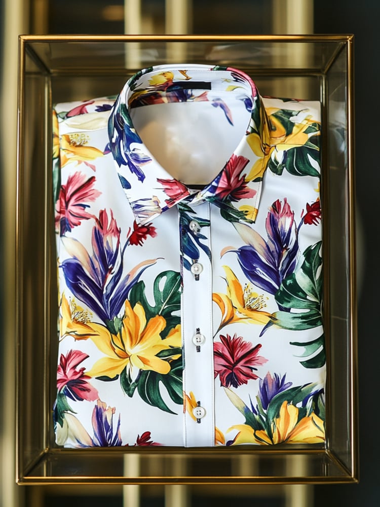 Camisa satén Luxe hawaiano Watercolor floral de manga corta Button para hombre