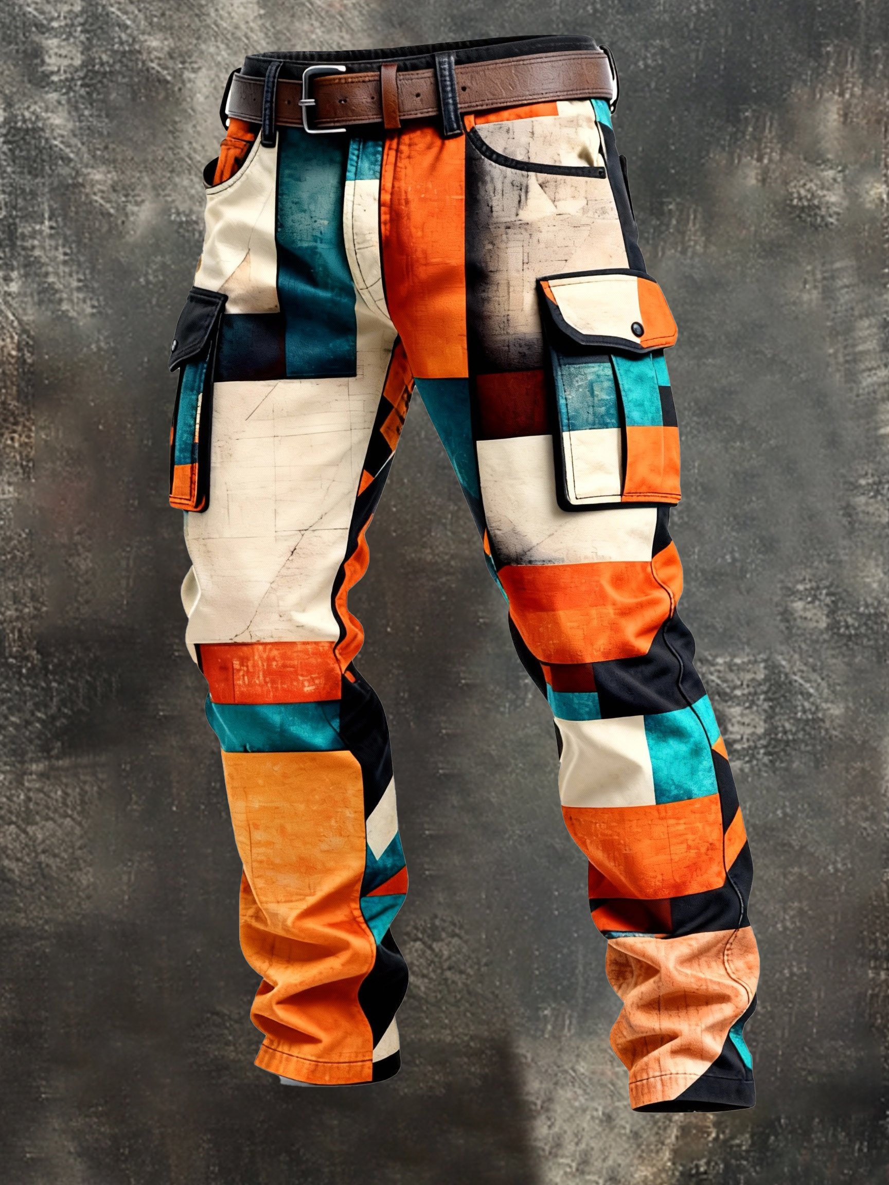 Pantalón retro en bloques de color desgastado bolsillo Cargo para hombre