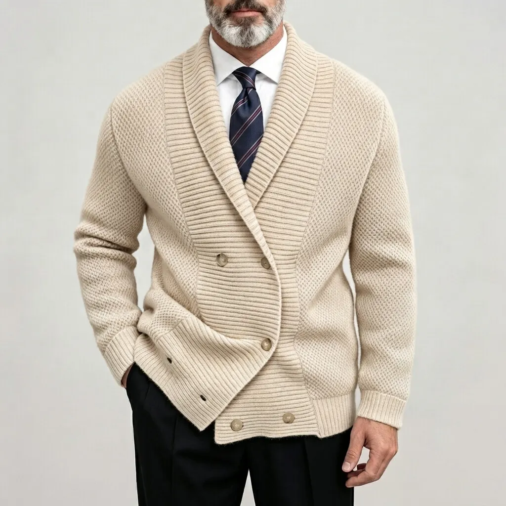 para hombre de color sólido Ribbed Shawl Collar Double-Breasted ejecutivo casual tejidoted Cardigan