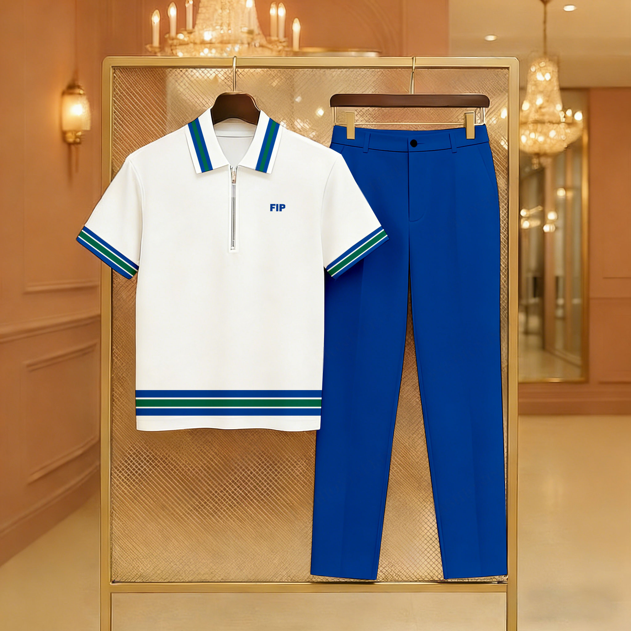 Conjunto de dos piezas casual Blue & White Color Matching a rayas estampado Zipper de manga corta camisa polo & Trousers para hombre