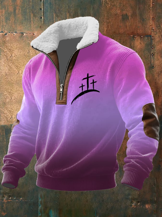 Sudadera vintage Faith estampado Zip Fur cuello de manga larga texturizado para hombre