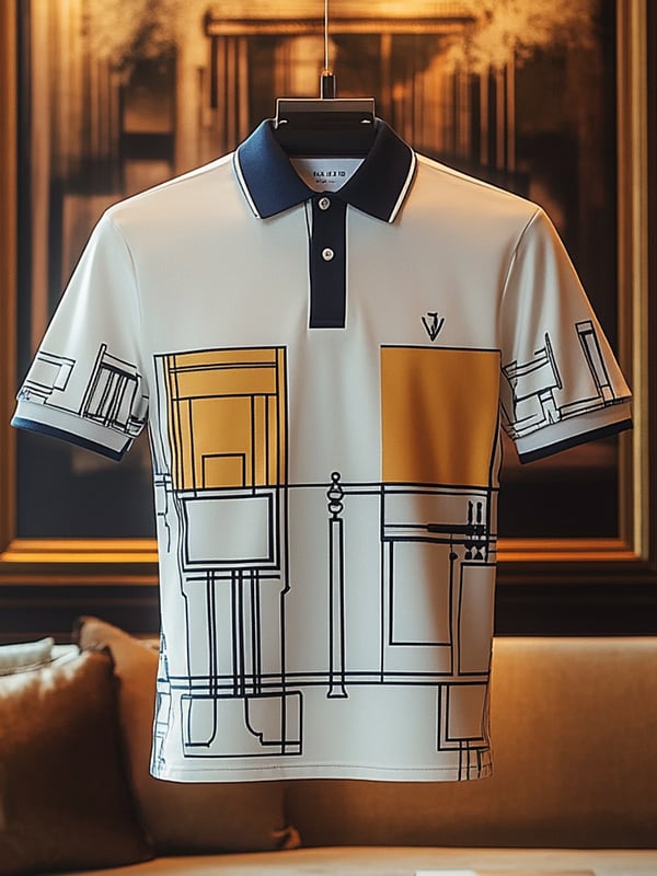Camisa polo ejecutivo casual Bauhaus estampado Button de manga corta para hombre