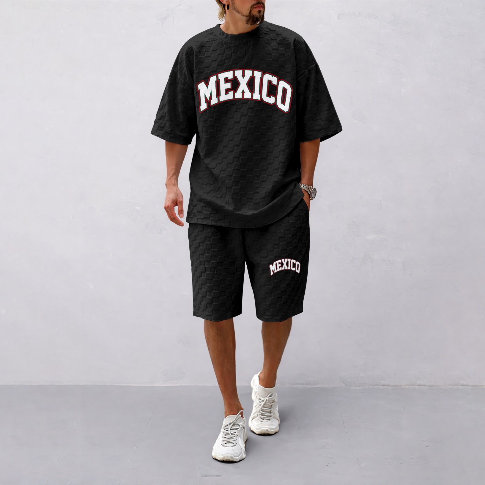 Camisa Spring/Summer Mexican-estampado a cuadros Drawstring shorts Set—A casual summer outfit featuring a de manga corta and shorts, ideal for both everyday wear and athletic activities para hombre