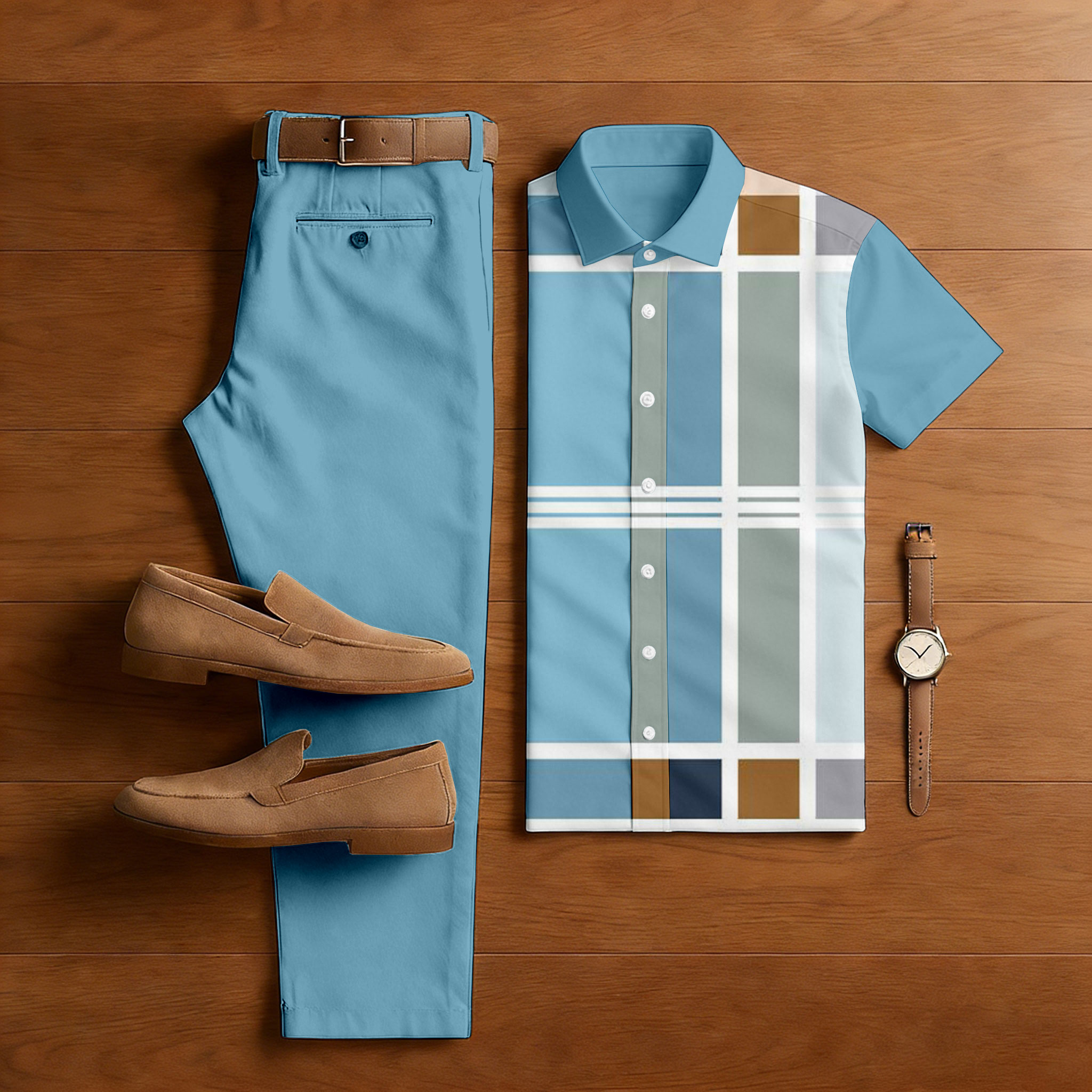 Conjunto de dos piezas casual Blue & Multi Color Matching Checkered estampado de manga corta camisa & Trousers para hombre