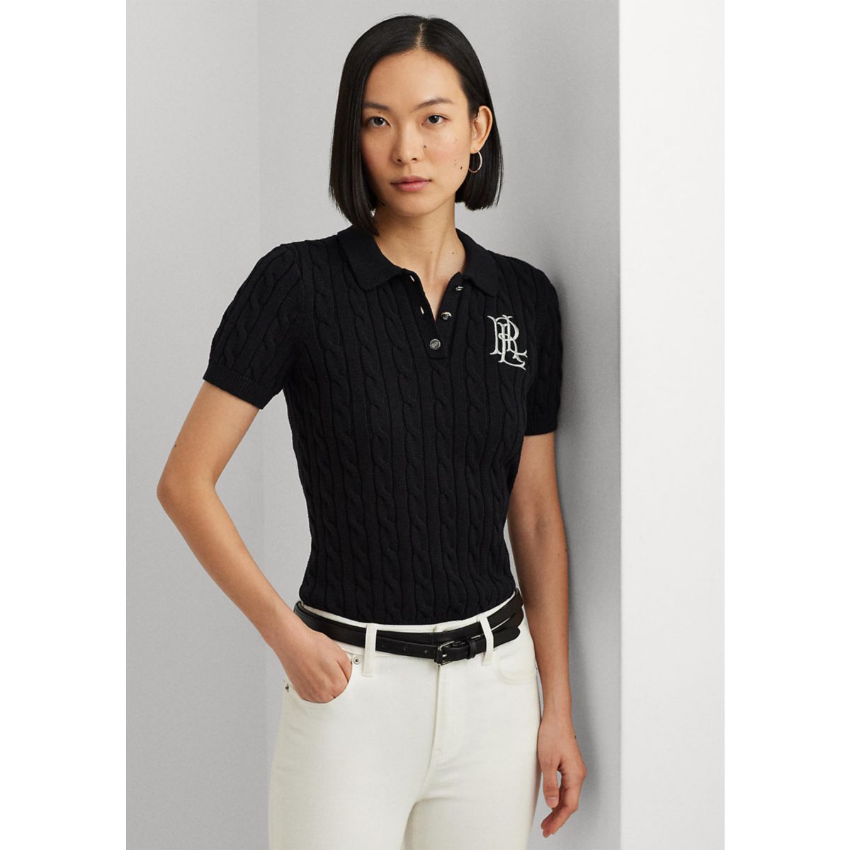 Cable Knit Cotton Polo Sweater - 1