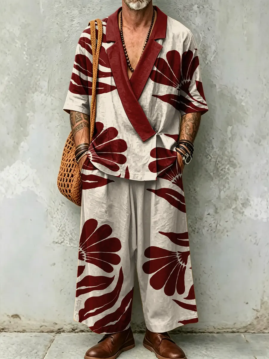 para hombre Abstract Art Print casual de lino Suit Collar de manga cortad Top And pantalón Two-piece
