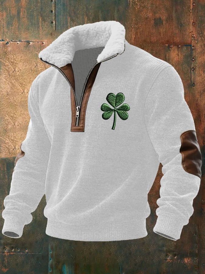 Sudadera vintage St. Patrick's Day estampado de manga larga With Fur cuello para hombre