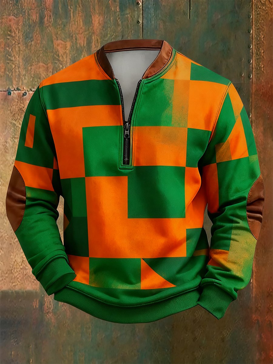 Sudadera retro Bauhaus geométrico Style estampado Quarter Zip para hombre