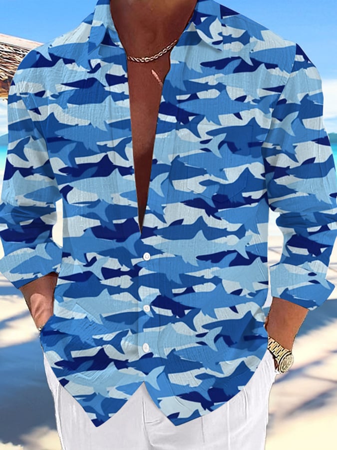 Camisa Shark Art estampado casual (With Pockets) para hombre
