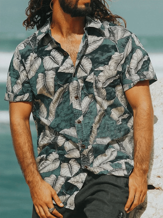 Camisa Resort tropical Botanical estampado de manga corta bolsillos para hombre
