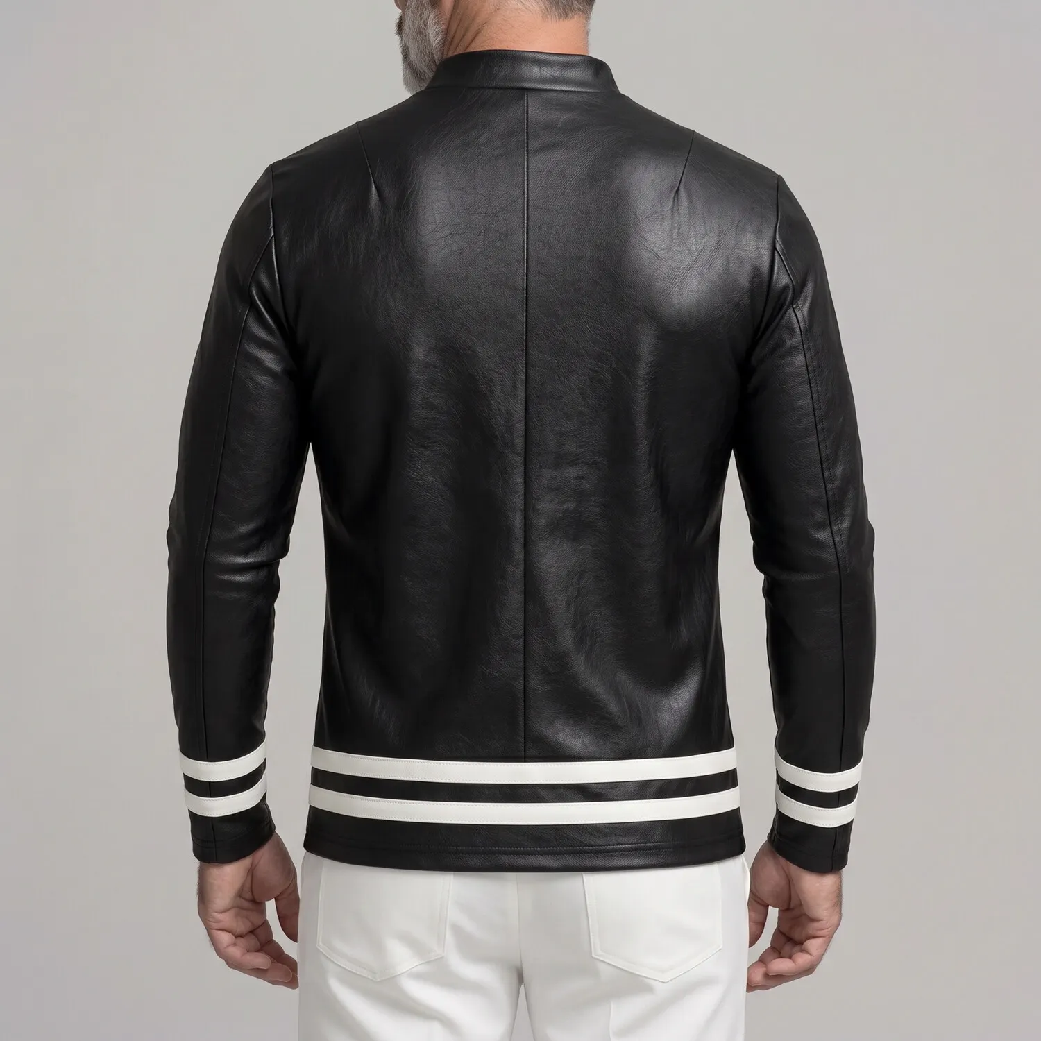 para hombre Black PU Leather Mock Neck Contrast a rayas Hem de manga larga camiseta
