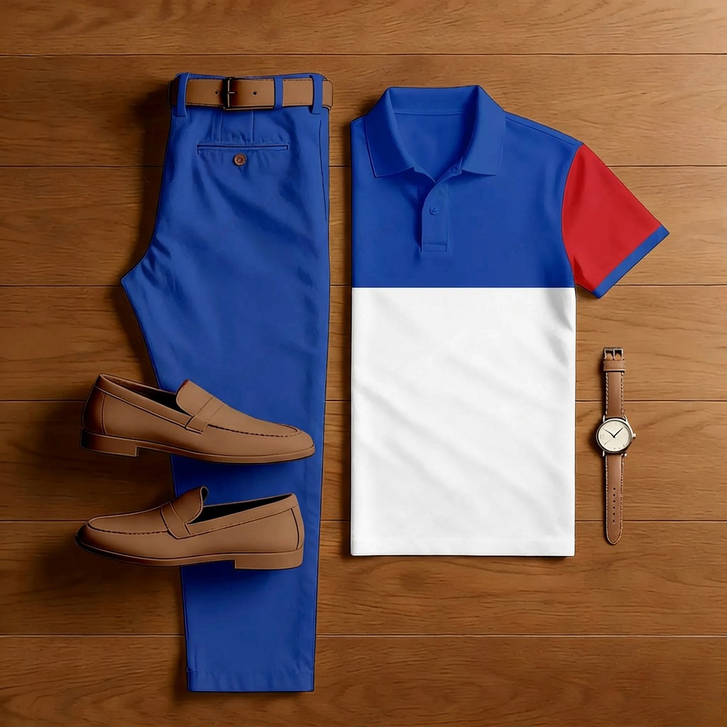 Conjunto de dos piezas casual Blue & White de manga corta camisa polo And Trousers para hombre