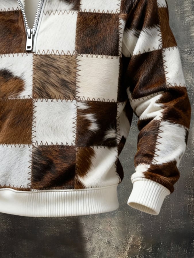 para hombre retro en bloques de color Print Sweacamiseta With Fur Collar