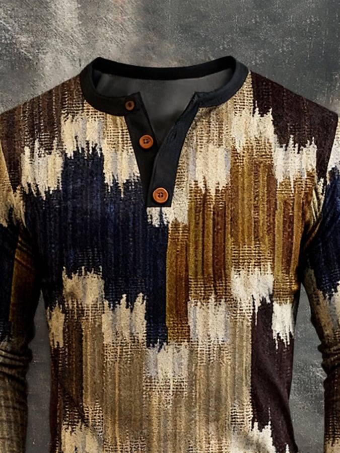 Camiseta retro Stitching Contrast Color Henley cuello de manga larga para hombre