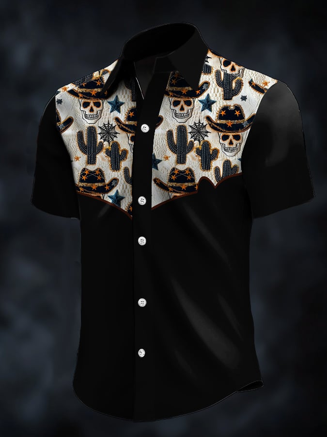 Camisa retro Western Contrast estampado de manga corta casual para hombre