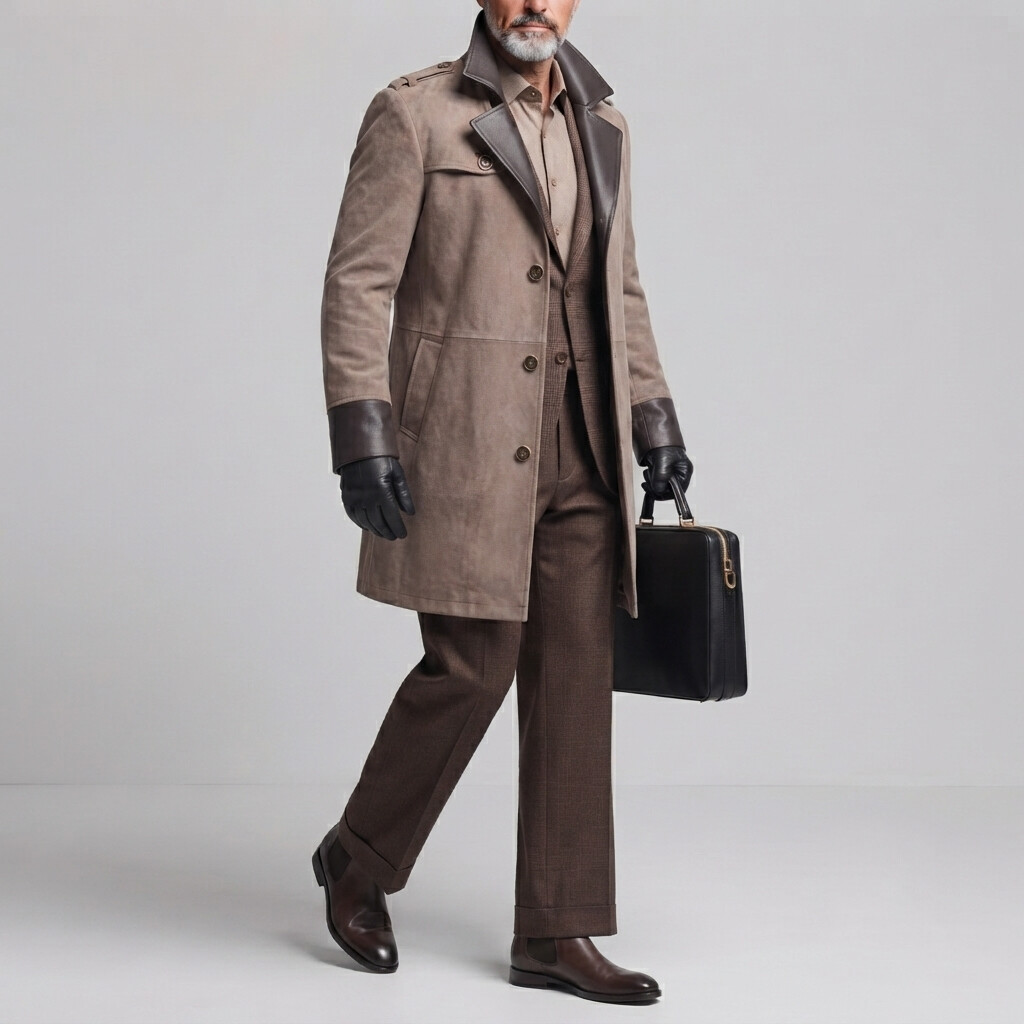 para hombre clásico Khaki Contrast Lapel Collar PU Leather Trim Suede Trench Coat