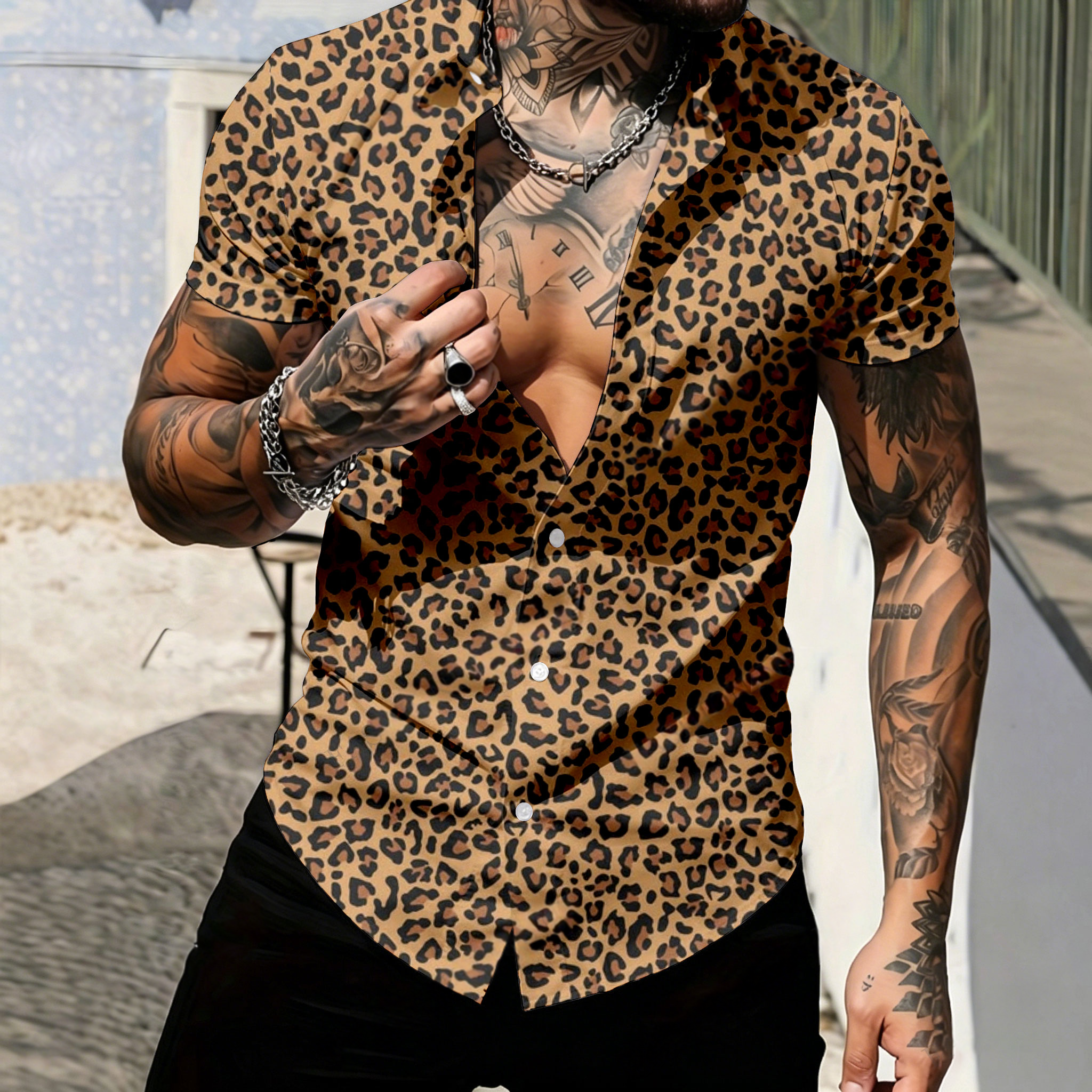 Camisa casual Dark Brown Leopard-estampado de manga corta para hombre