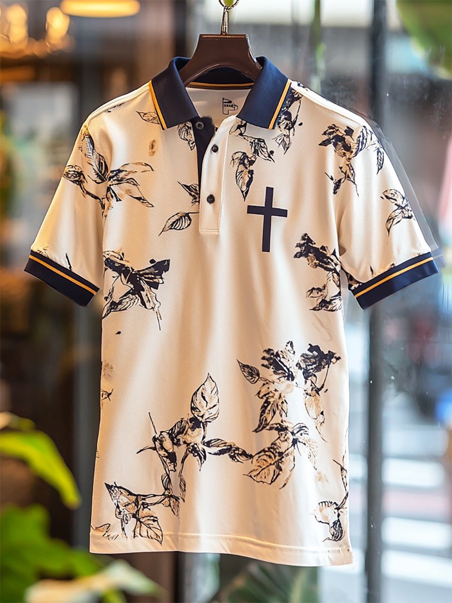 Camisa polo ejecutivo casual Cross estampado Button de manga corta para hombre