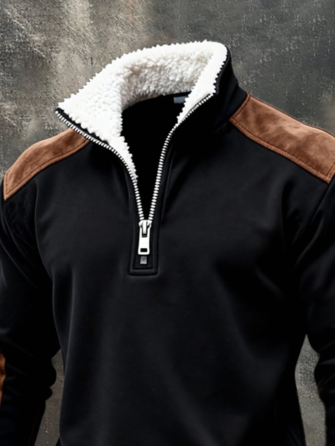 Sudadera vintage Style Color-Block Half-Zip With Fur cuello And de manga largas. para hombre