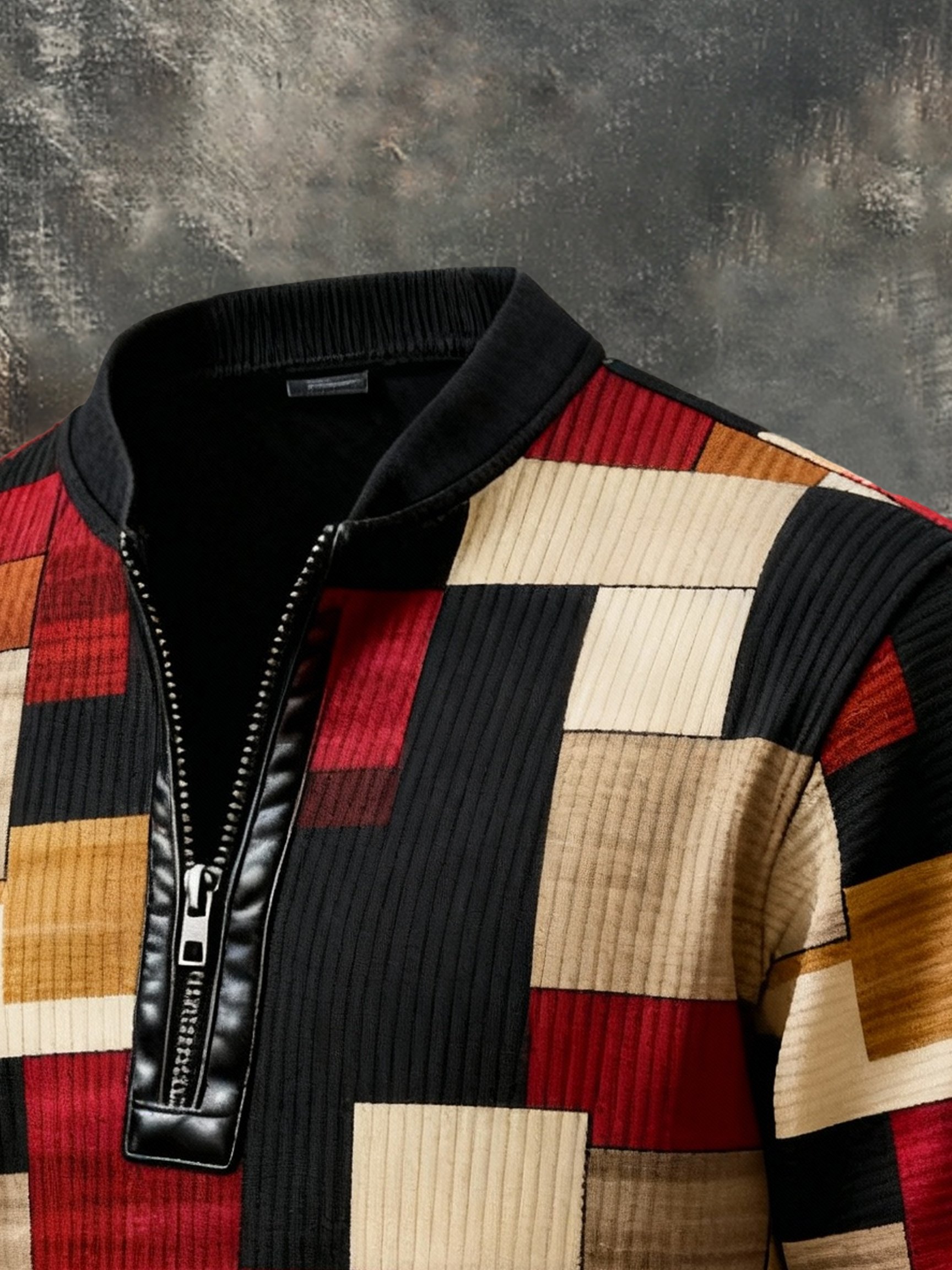 Sudadera casual retro Contrast Color Half Zip Stand cuello de manga larga para hombre