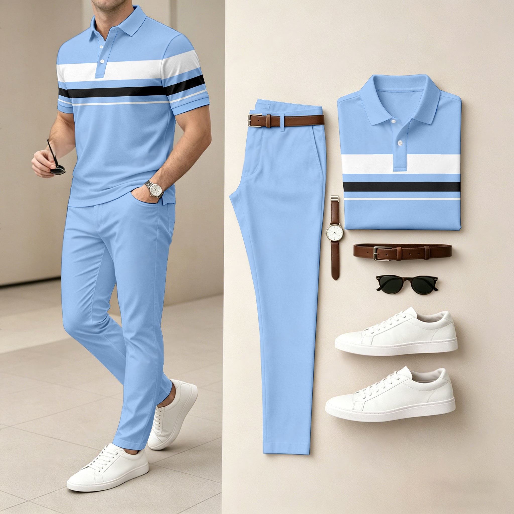 Conjunto de dos piezas casual Sky Blue Geometric estampado camisa polo And pantalón para hombre