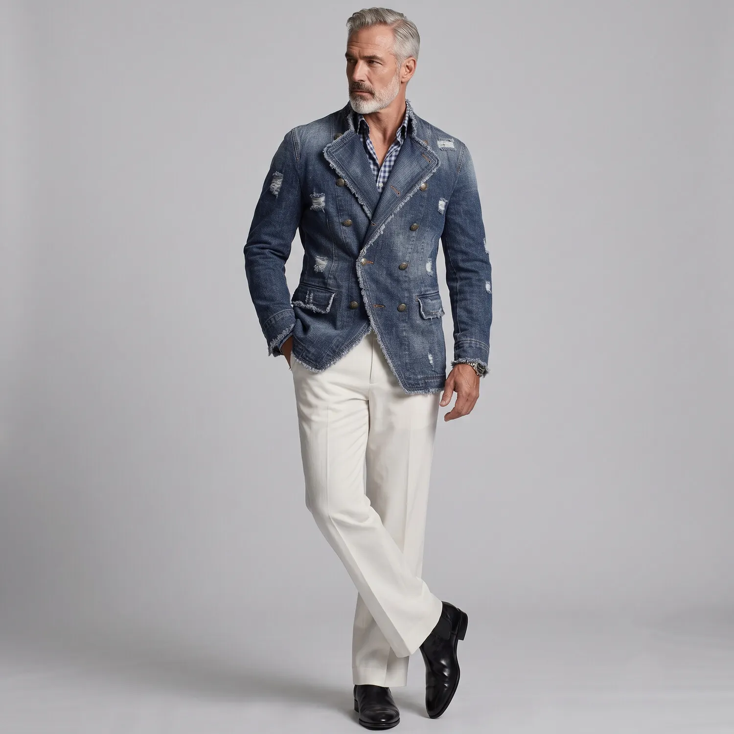 para hombre retro Ripped Frayed Edge Stand Collar Double-Breasted Denim chaqueta