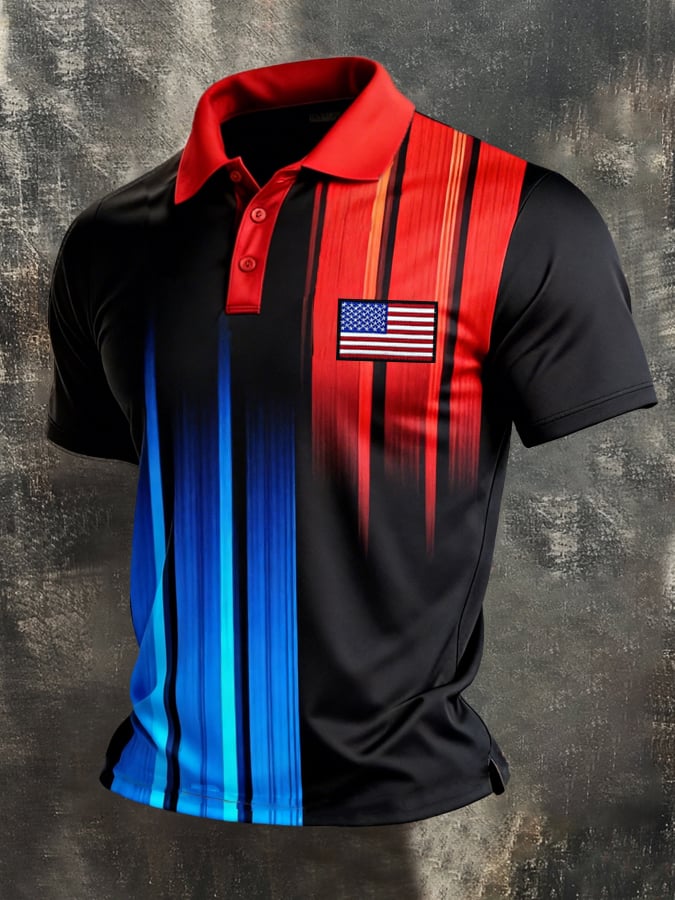 Retro Patriot en bloques de color Polo Collar de manga corta para hombre