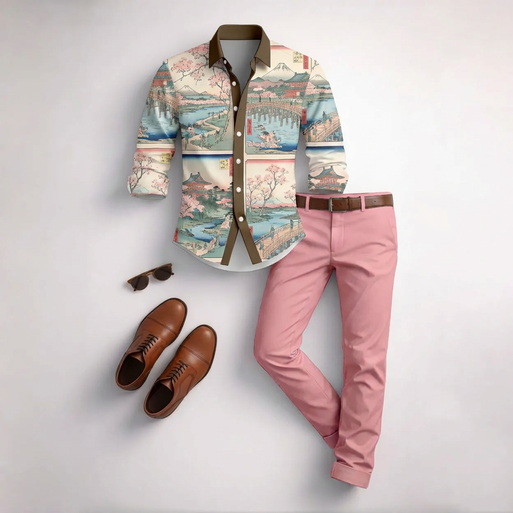 Conjunto de dos piezas casual Pink Landscape estampado de manga larga camisa And Trousers para hombre