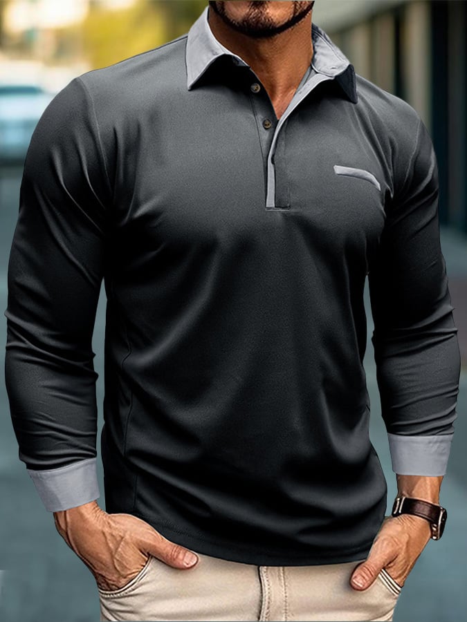 Camisa polo de moda en bloques de coloring Half Button de manga larga para hombre