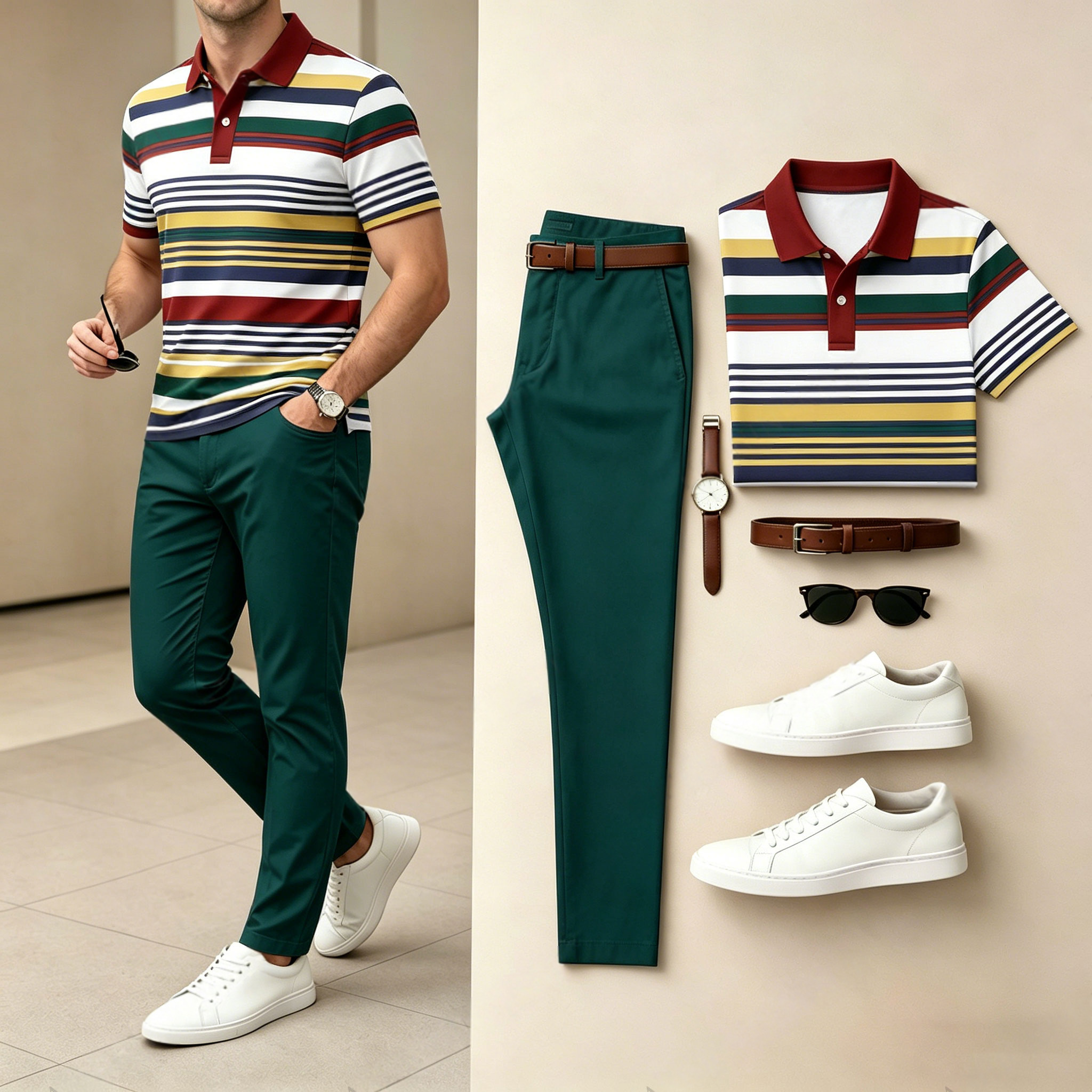 Conjunto de dos piezas casual Colorful rayas estampado camisa polo And pantalón para hombre