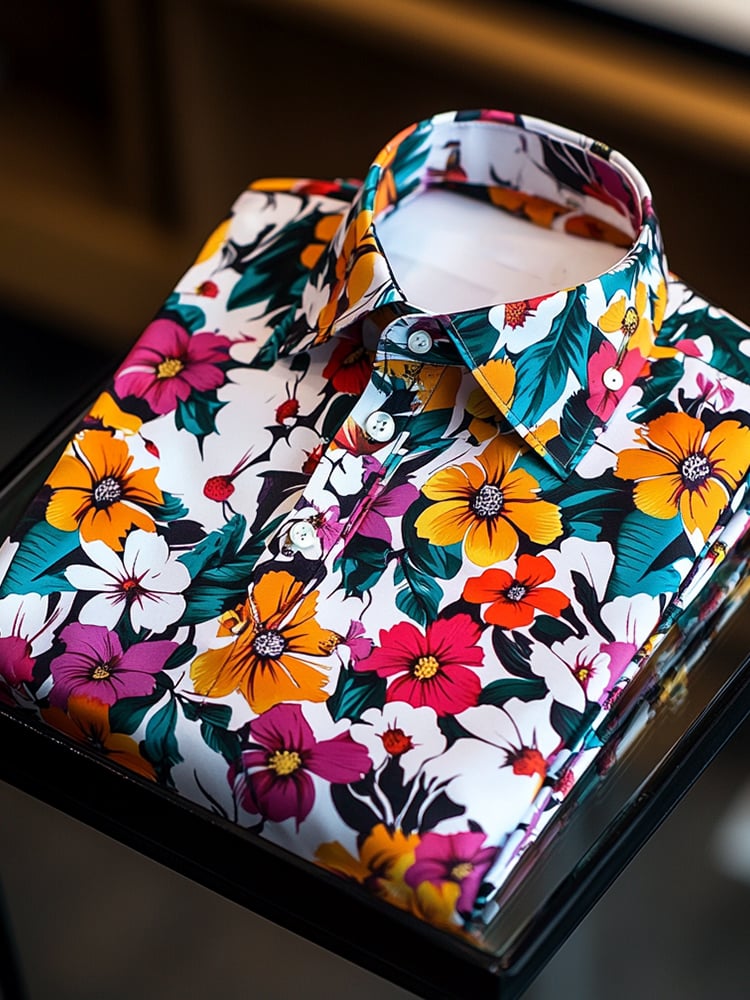 Camisa satén Luxe hawaiano All Over floral de manga corta Button para hombre