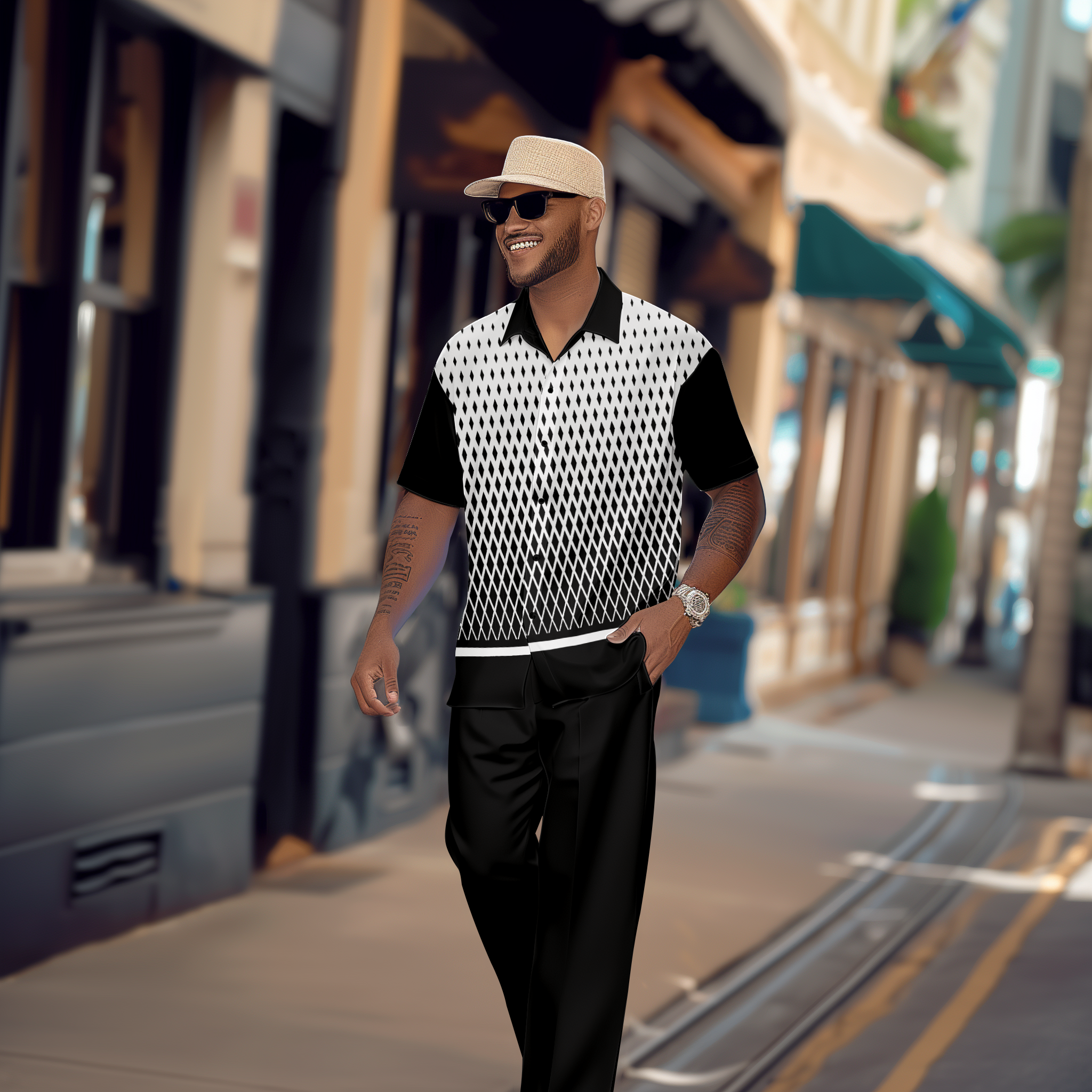 Camisa Gradient en bloques de color de manga corta Walking Suit 1121 para hombre
