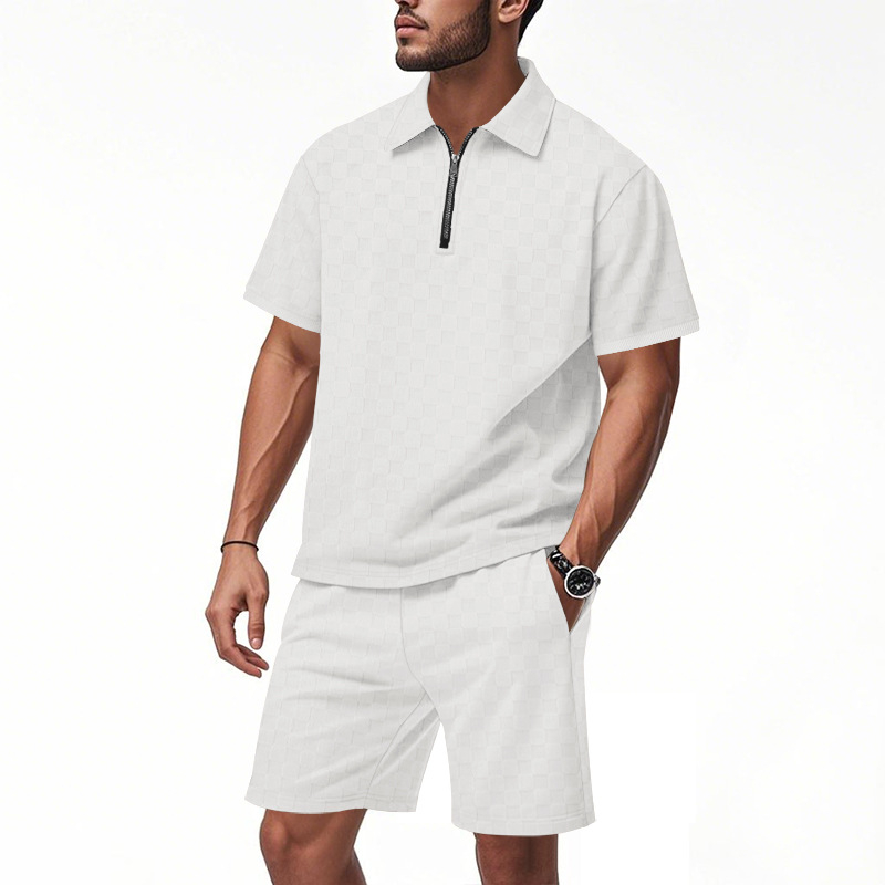 Conjunto de dos piezas Checkerboard Jacquard camisa polo and shorts Set, casual Half Zip de manga corta Collared Summer Outfit, Lightweight transpirable holgado Fit , Comfortable elegante Streetwear for para uso diario Wear Travel Vacation Resort Lounge para hombre