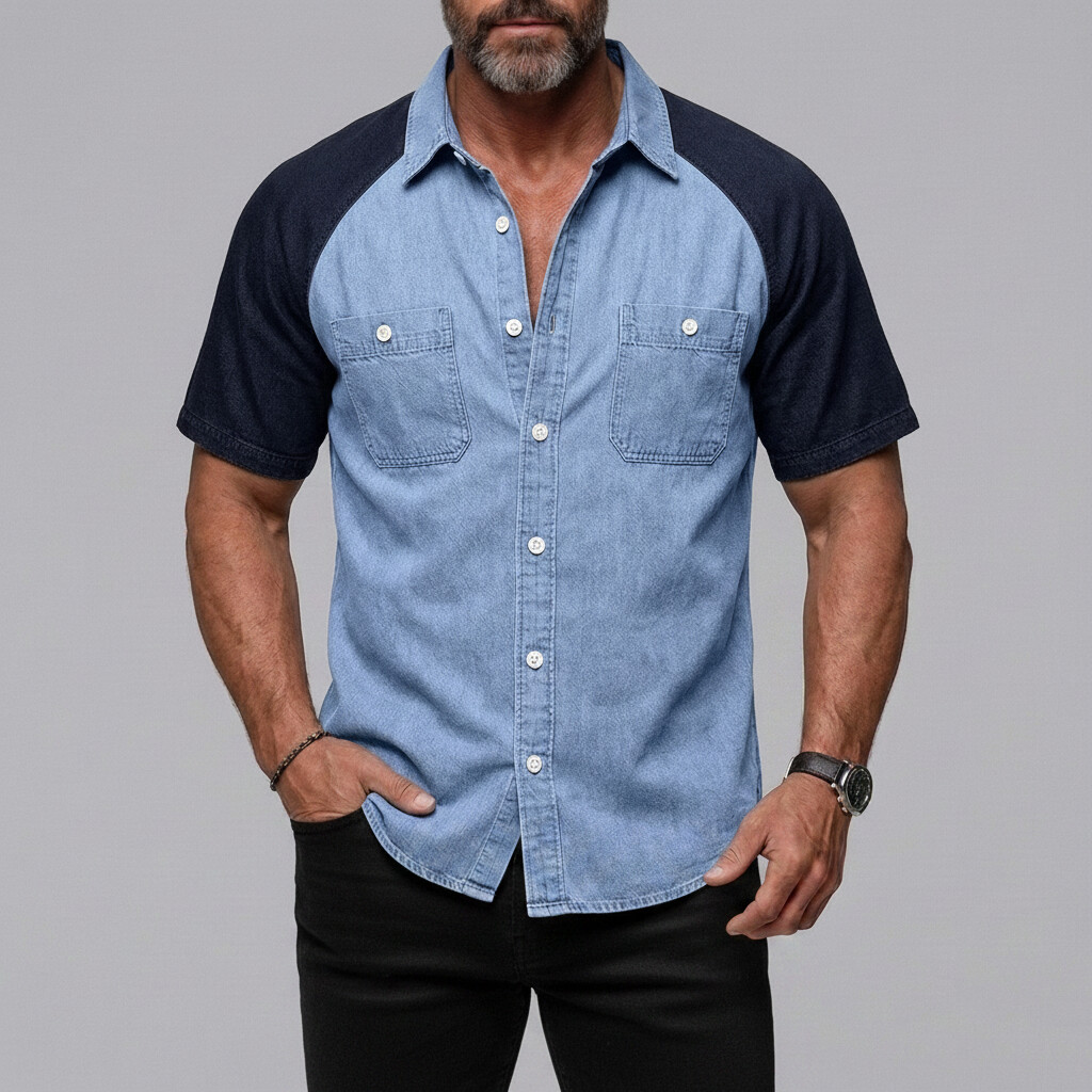 Camisa casual Patch Pockets Button-Up Colorblock Raglan Sleeve para hombre