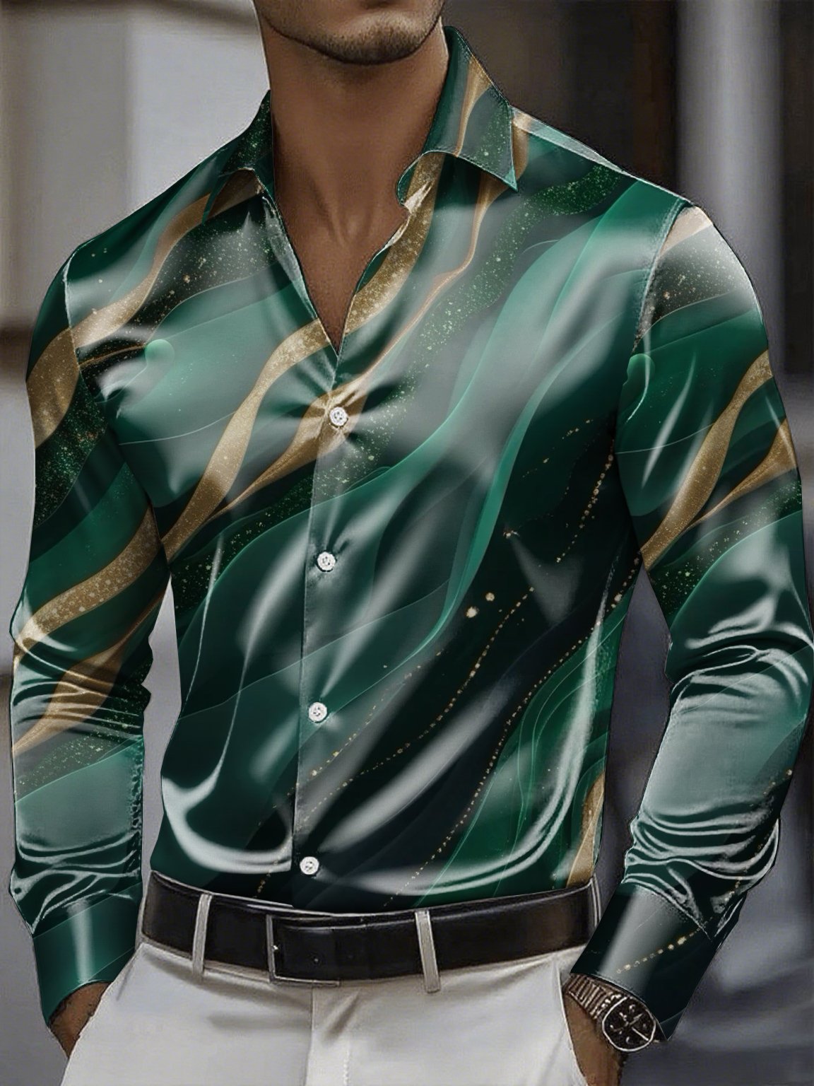 Camisa satén Luxe de manga larga con botones para hombre