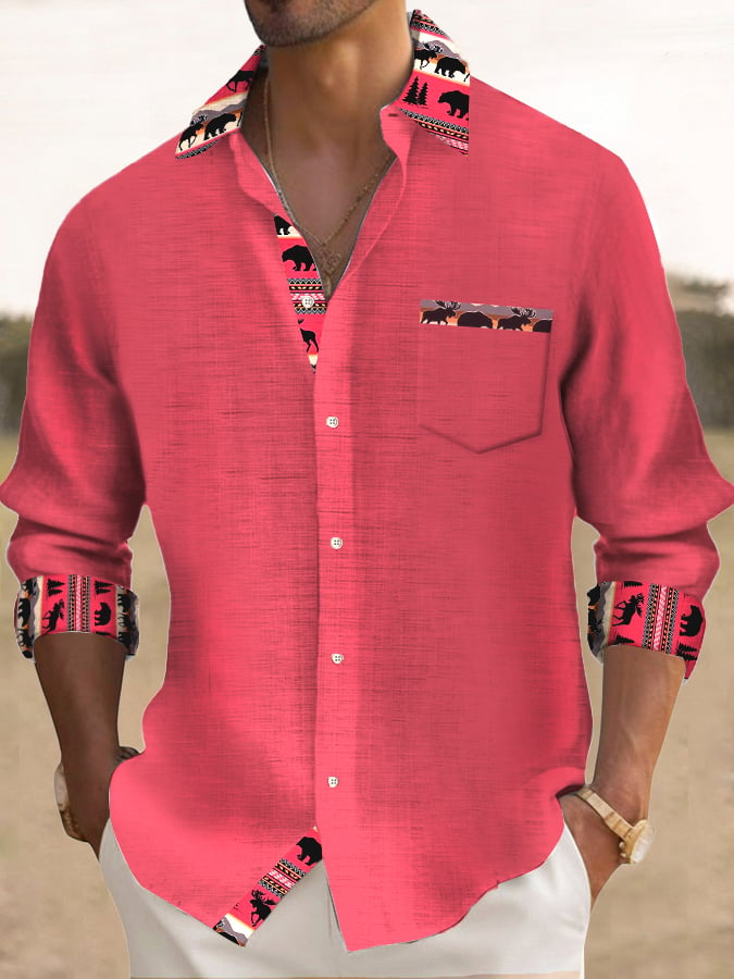 Camisa casual de moda estampado Contrast Color de manga larga para hombre