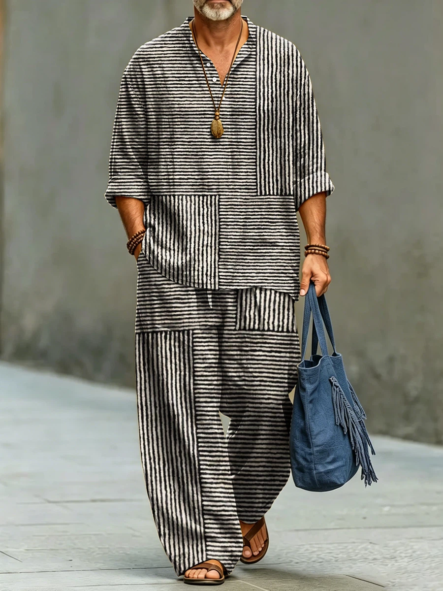para hombre de modaable Abstract Stripe Art Print de algodón camisa Set