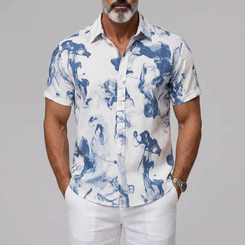 Camisa Ink-wash estampado Button Vacation Cuffed Edge de manga corta para hombre