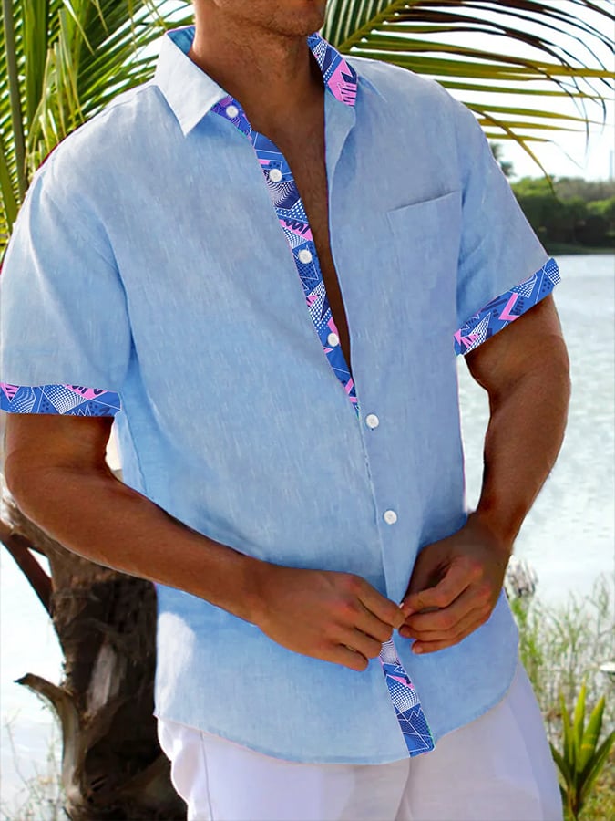 Camisa Resort Style Contrast estampado casual de manga corta para hombre